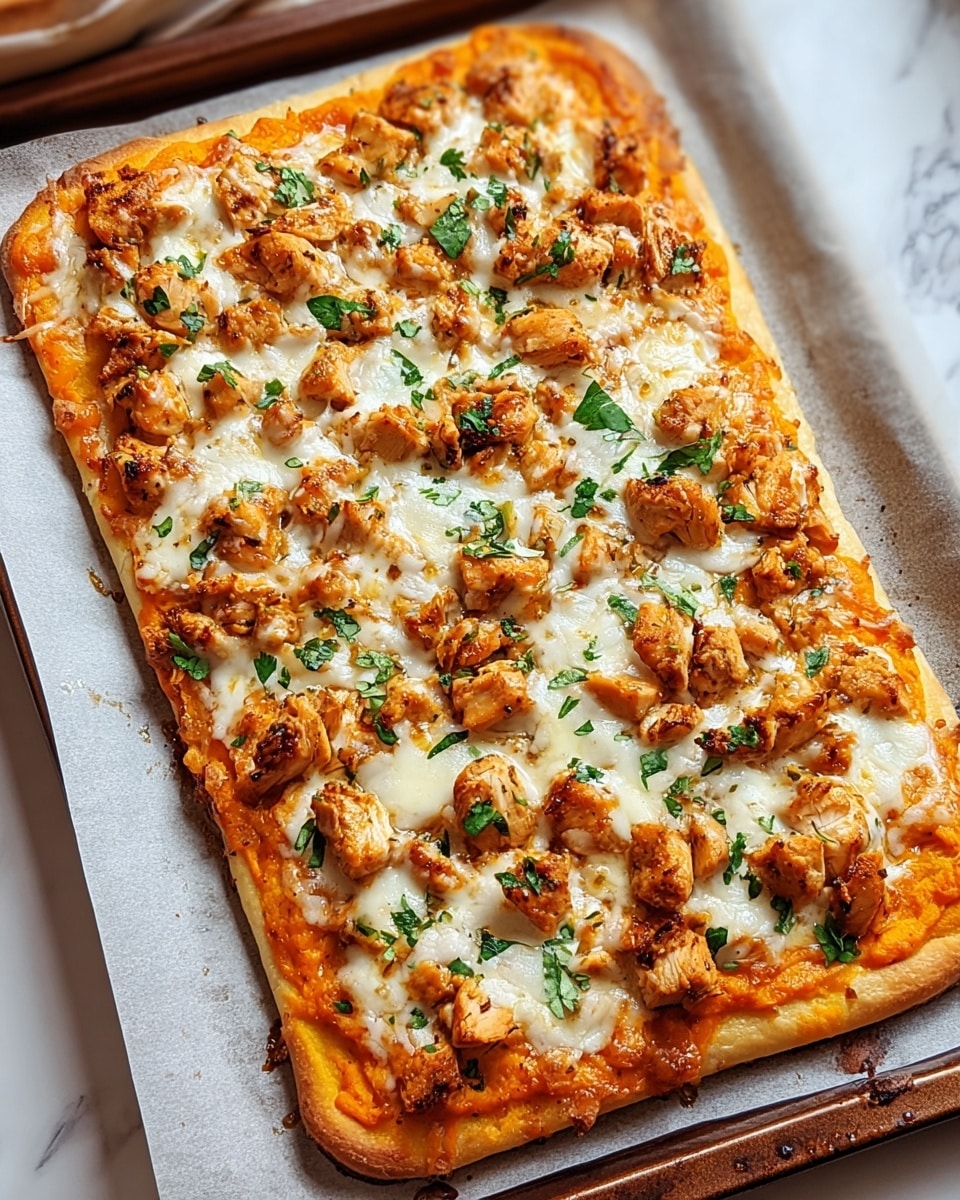 A rectangular pizza on parchment paper with a thick golden-brown crust forms the base layer. The second layer is a smooth, bright orange sauce spread evenly over the crust. On top of the sauce, there are many chunky pieces of cooked chicken, browned on the edges and spread across the entire pizza. A thick layer of melted white cheese covers most of the chicken, creating a smooth and slightly bubbling texture. Scattered finely chopped green herbs are sprinkled on top, adding a fresh pop of color. The pizza sits on a baking tray with a white marbled texture surface visible around it. Photo taken with an iphone --ar 4:5 --v 7