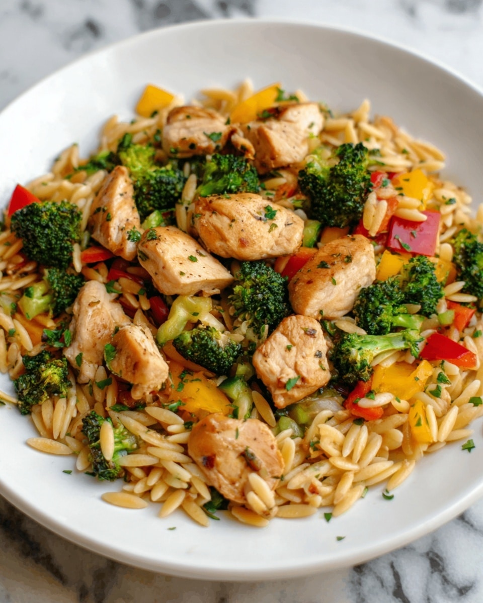 A white plate filled with a colorful orzo pasta dish featuring cooked chicken pieces on top. The orzo is light brown and mixed with small chunks of green broccoli and red and yellow bell peppers, all evenly spread. The chicken pieces are light golden brown and scattered across the pasta, giving a textured and hearty look. Everything sits on a white marbled surface, giving a clean and fresh feel. photo taken with an iphone --ar 4:5 --v 7