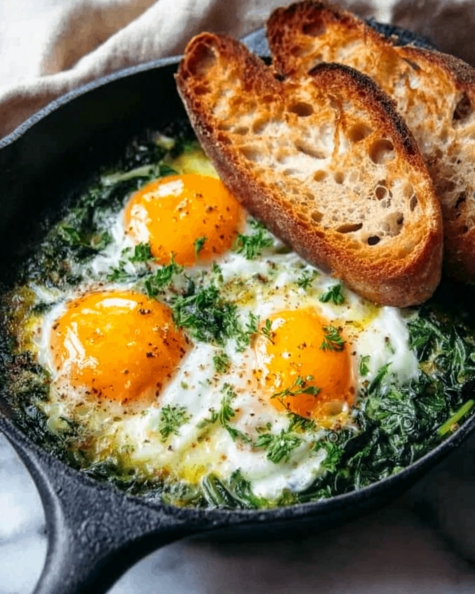 A black cast iron skillet holds two sunny-side-up eggs with bright yellow yolks and slightly crispy white edges, cooked on top of a bed of cooked spinach that is deep green and slightly wilted. Next to the eggs, two toasted slices of crusty bread with a golden brown color rest inside the skillet. The skillet is placed on a white marbled surface, and soft natural light highlights the textures of the eggs and spinach. Photo taken with an iphone --ar 4:5 --v 7
