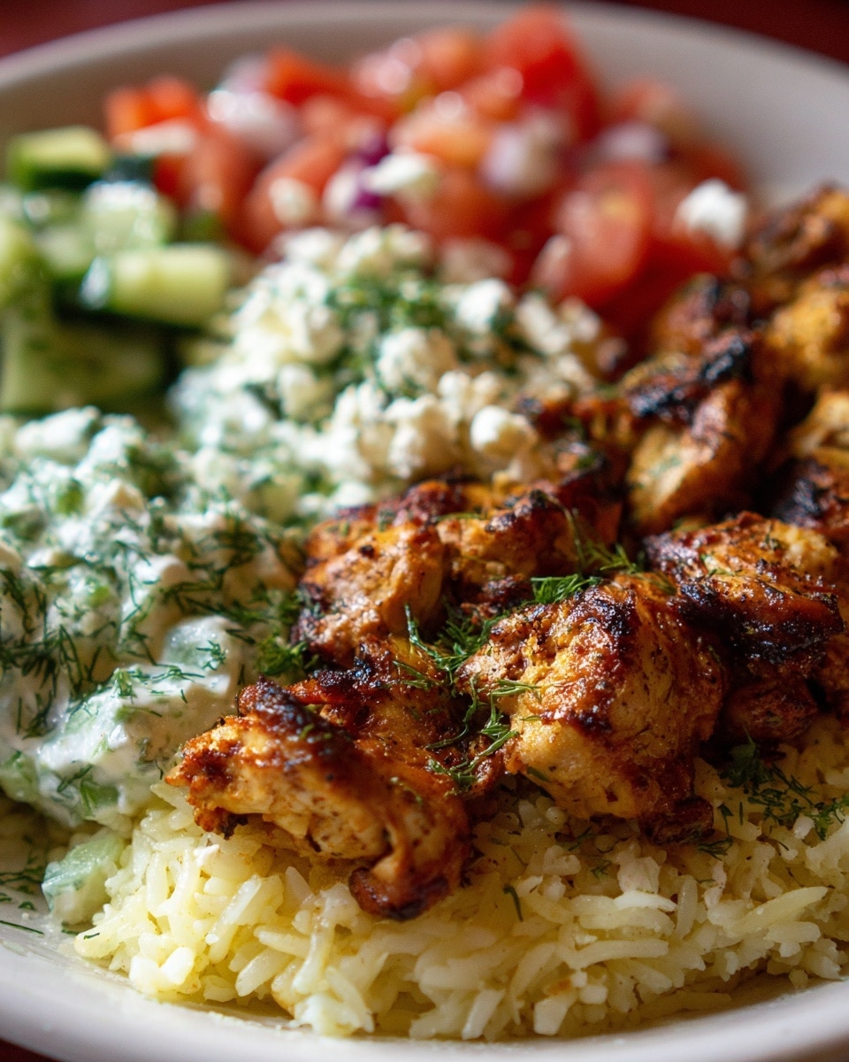 The image shows a close-up of a kebab plate with several layers. At the bottom is a bed of light yellow rice with a soft texture. On top, there are pieces of grilled chicken with a golden-brown char and spices giving a slightly rough surface. To the side, there is a creamy, pale green cucumber and dill salad with small green chunks, and next to it, a bright red tomato salad with finely chopped pieces mixed with white crumbly feta cheese. All of this is arranged on a white plate with a white marbled surface under it. photo taken with an iphone --ar 4:5 --v 7
