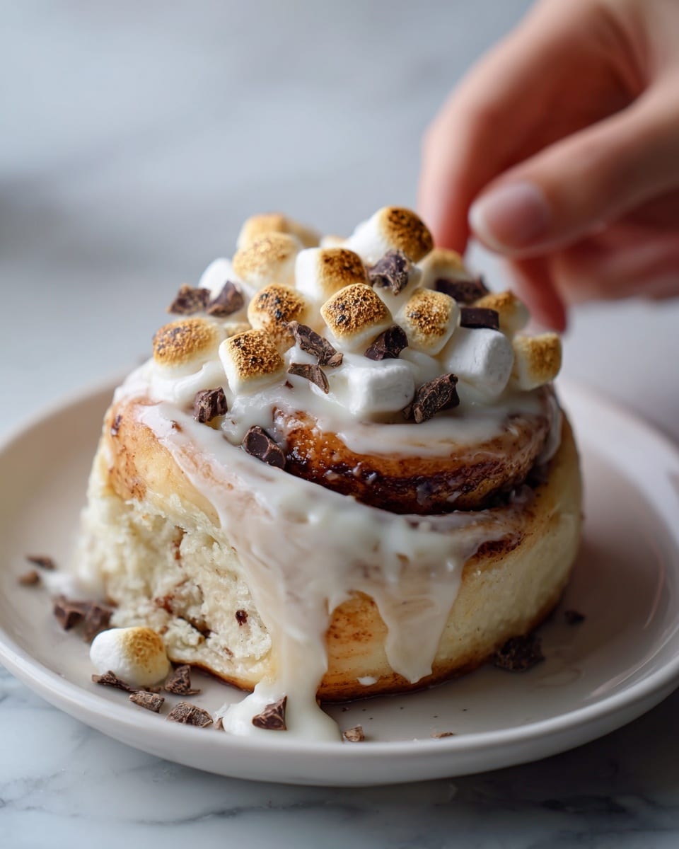 A close-up image shows a single cinnamon roll with soft, gooey white icing covering most of it. The cinnamon roll is light brown with swirled layers inside, topped with toasted golden-brown marshmallows and small dark chocolate pieces scattered on top. The cinnamon roll sits on a white plate, and the background is a white marbled surface. A woman's hand is gently touching the side of the roll. Photo taken with an iphone --ar 4:5 --v 7