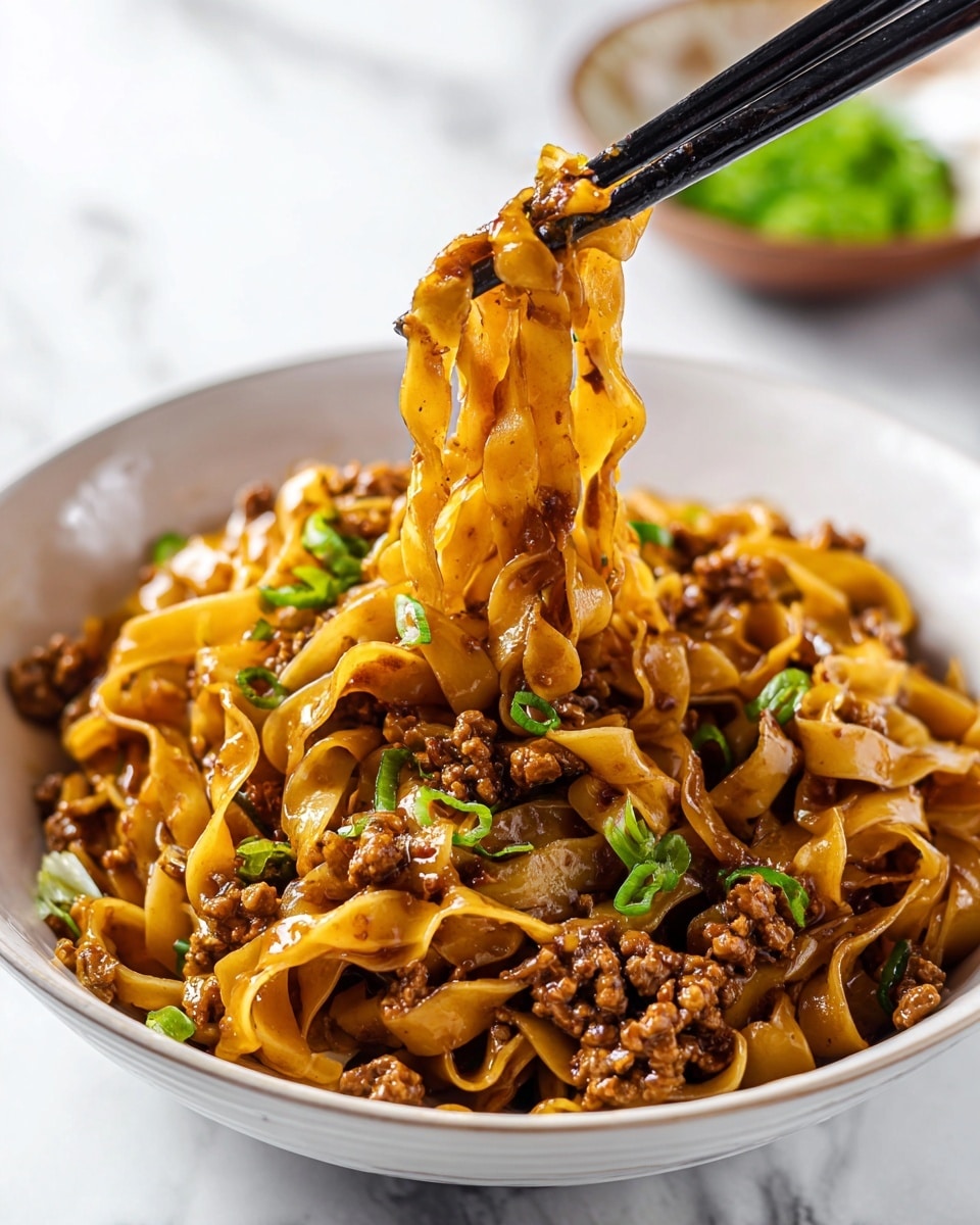 The image shows a close-up of a bowl filled with thick, flat noodles coated in a glossy brown sauce. The noodles are tangled with small pieces of cooked ground meat and sprinkled with chopped green onions. A pair of black chopsticks is lifting a clump of noodles from the bowl, highlighting the shiny texture and the sauce dripping slightly. The bowl is white, and the background has a white marbled texture with a blurred green garnish in a bowl behind it. A woman's hand is holding the chopsticks. photo taken with an iphone --ar 4:5 --v 7