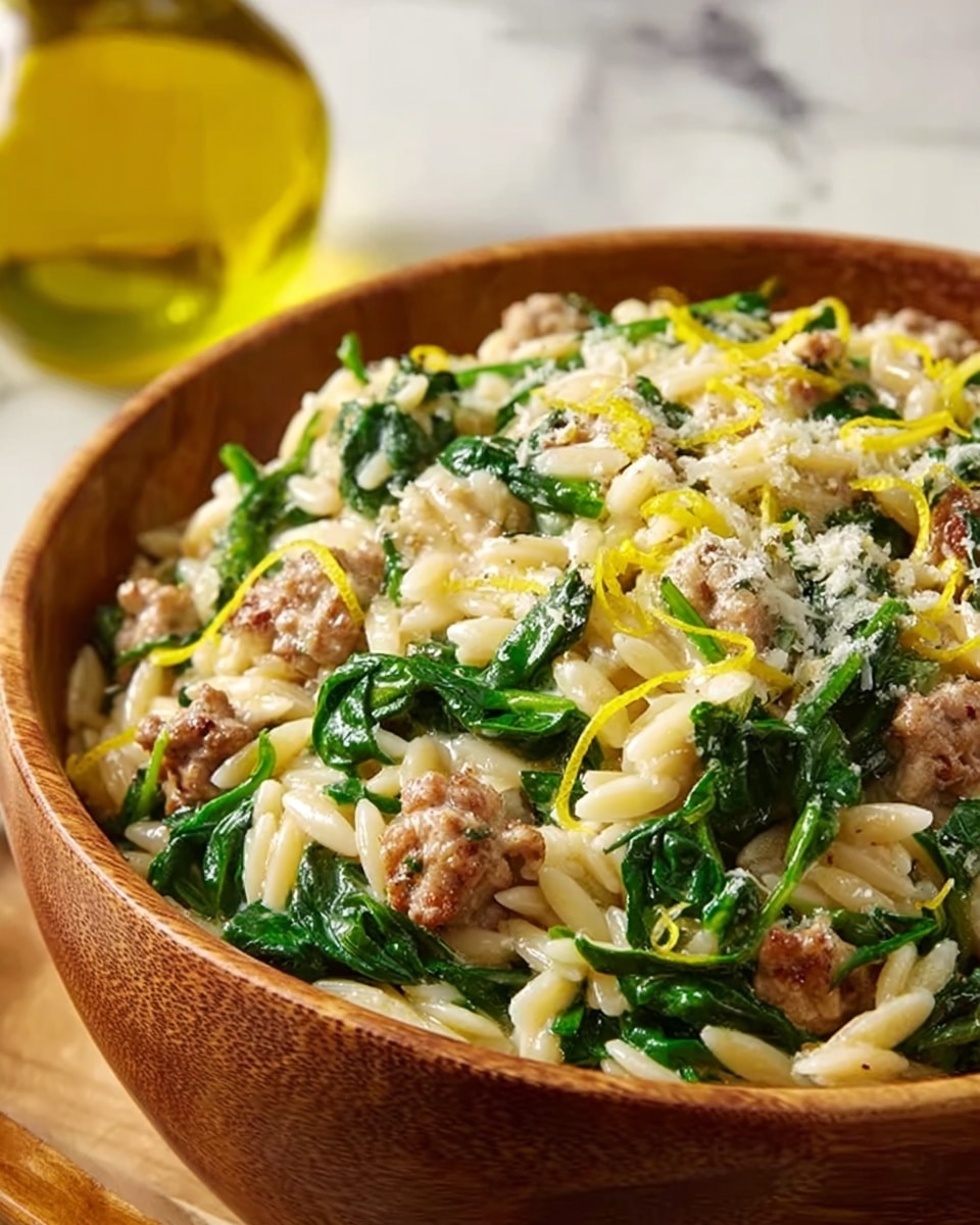 A close-up of a wooden bowl filled with creamy pasta made with small, rice-shaped orzo, mixed with wilted green spinach leaves and browned ground meat chunks. The top has a light sprinkle of grated cheese and thin yellow lemon zest strips, creating a textured look. The bowl sits on a white marbled surface with a blurred olive oil bottle in the background. photo taken with an iphone --ar 4:5 --v 7