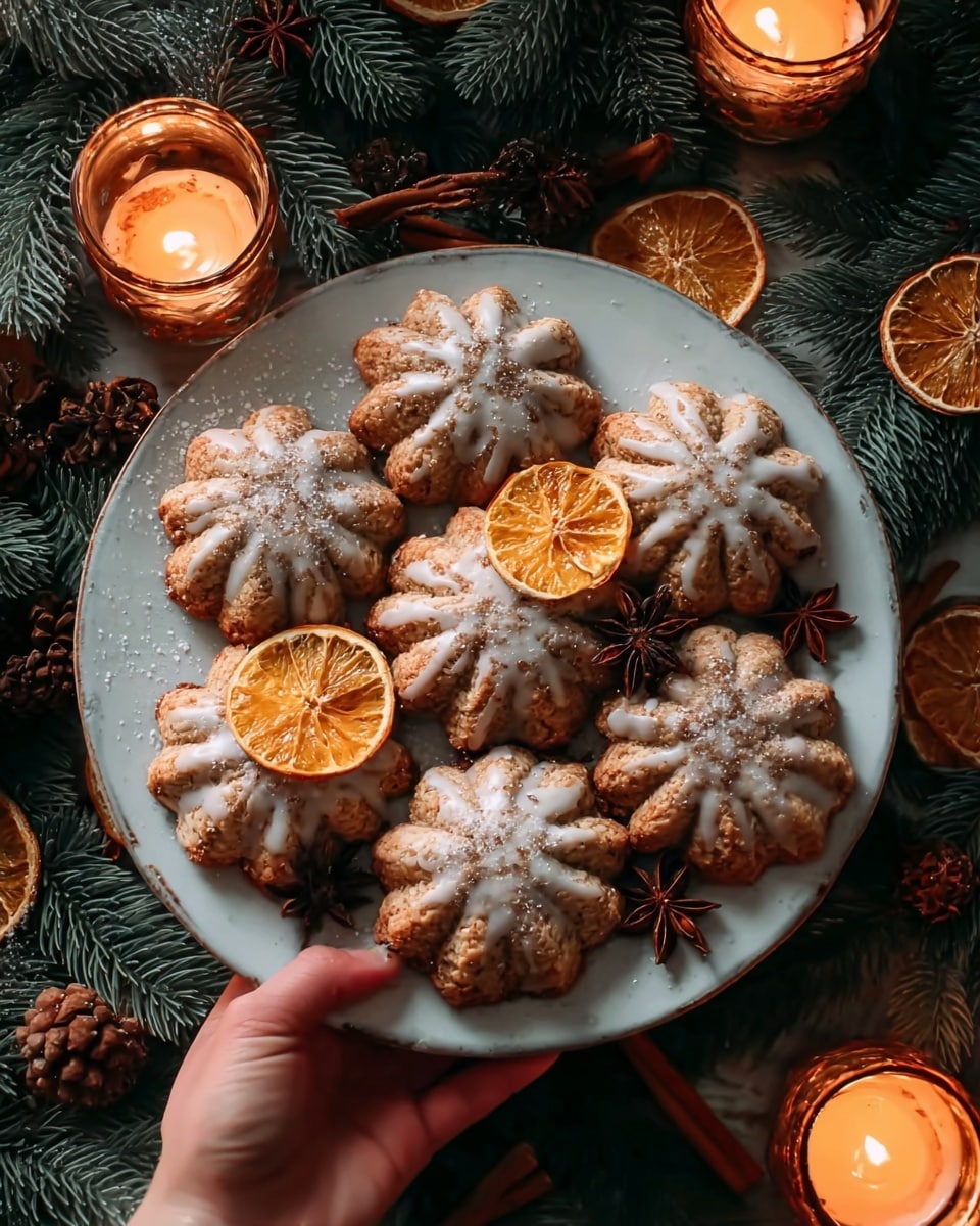 A white plate is full of eight round cookies with a scalloped edge, each covered with a shiny white glaze that drips slightly down the sides. Some cookies are topped with a dried orange slice or a dark brown star anise, adding texture and color. The plate sits on a white marbled surface surrounded by pine branches, pine cones, cinnamon sticks, dried orange slices, and lit candles, creating a warm, cozy atmosphere. A woman's hand is holding the plate on the right side. photo taken with an iphone --ar 4:5 --v 7