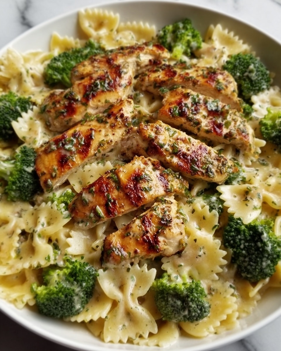 The image shows a white plate filled with creamy pasta and broccoli. The pasta is bowtie-shaped, pale yellow in color, and spread evenly across the plate's base. On top of the pasta, there are several pieces of grilled chicken, golden brown with visible grill marks and a slight glaze, arranged in layers. Bright green broccoli florets are placed around the chicken, adding a fresh contrast. The creamy sauce coats the pasta lightly, giving it a smooth texture with some herbs sprinkled on the chicken for extra color. The whole dish rests on a white marbled background. Photo taken with an iphone --ar 4:5 --v 7