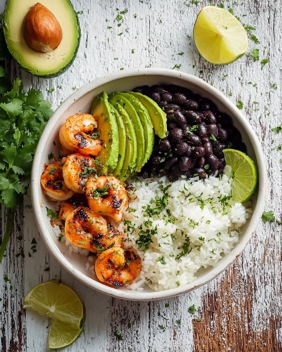 A white bowl holds four main sections: in the bottom left, there are six grilled shrimp with a shiny orange color and dark grill marks, sprinkled with chopped green herbs. To the right of the shrimp, three bright green slices of avocado sit slightly overlapping each other. Next to the avocado, a mound of black beans fills the top right section, with a bright half lime resting on top. The bottom right section contains fluffy white rice scattered with fresh green herbs. The bowl rests on a white marbled surface with a rustic wooden section on the left, a halved avocado, lime wedges, and scattered cilantro visible around it. photo taken with an iphone --ar 4:5 --v 7