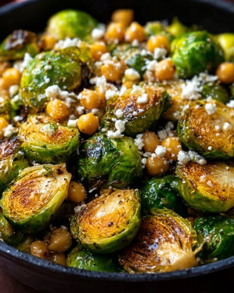 The image shows a close-up of a black pan filled with cooked Brussels sprouts and chickpeas. The Brussels sprouts are halved, displaying a mix of bright green and golden-brown colors with a slightly crispy texture on their cut sides. The chickpeas are scattered throughout, adding small, round, light yellow elements. Some white crumbled bits are sprinkled on top, which could be cheese or crumbs, adding a contrasting color and texture. The dish looks warm and freshly cooked. photo taken with an iphone --ar 4:5 --v 7