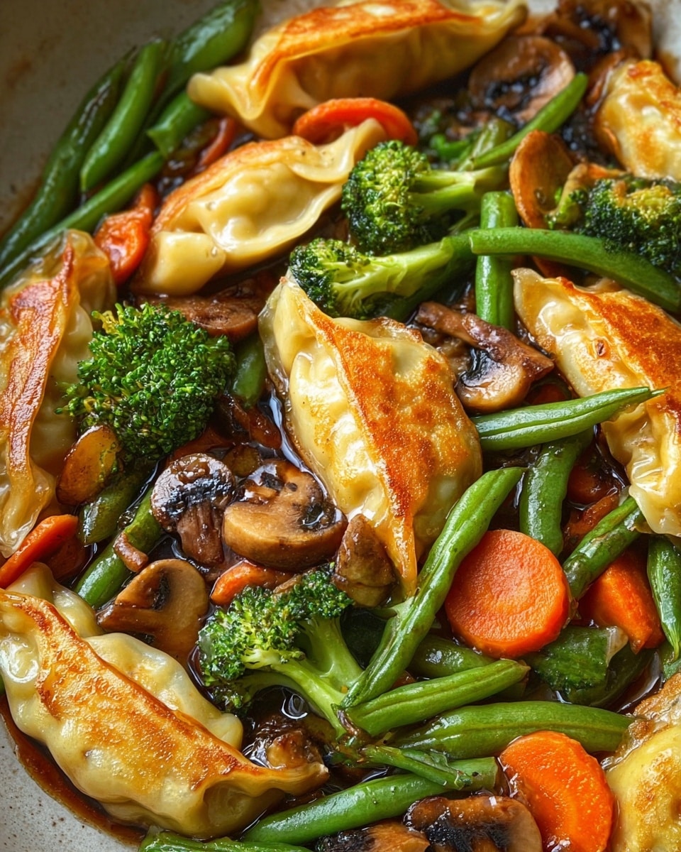 The image shows a close-up of a dish with about ten golden-brown pan-fried dumplings as the main layer, each with a slightly crispy and shiny texture from the glossy sauce covering them. Mixed around the dumplings are vibrant vegetables: bright green broccoli florets with a slightly charred edge, deep orange carrot slices, thin light brown mushroom pieces, and crisp green beans. The sauce is dark brown and thick, coating all the ingredients, giving the dish a delicious, moist look. The whole scene is set against a white marbled texture, making the colors of the food stand out. photo taken with an iphone --ar 4:5 --v 7