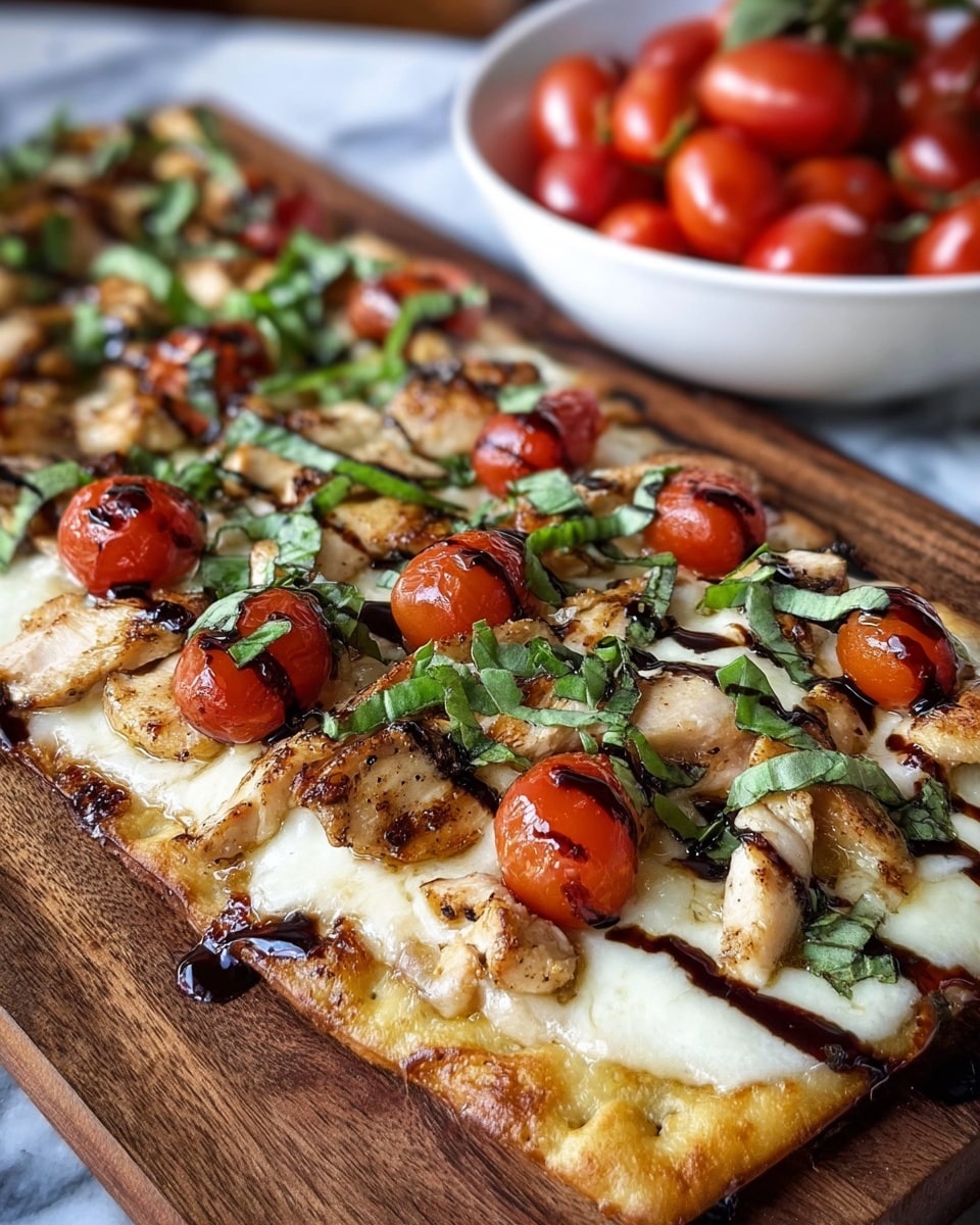 The dish is a rectangular pizza on a wooden board, showing one layer of golden, slightly crisp crust topped with melted white cheese spread evenly. On top of the cheese, there are grilled pieces of light brown chicken scattered across the pizza. Bright red halved cherry tomatoes are placed evenly along the pizza, and fresh dark green sliced basil leaves are sprinkled on top. The pizza has a drizzle of dark balsamic glaze across its surface, adding shine and contrast. In the background, there is a white bowl filled with more red cherry tomatoes, all set on a white marbled surface. photo taken with an iphone --ar 4:5 --v 7