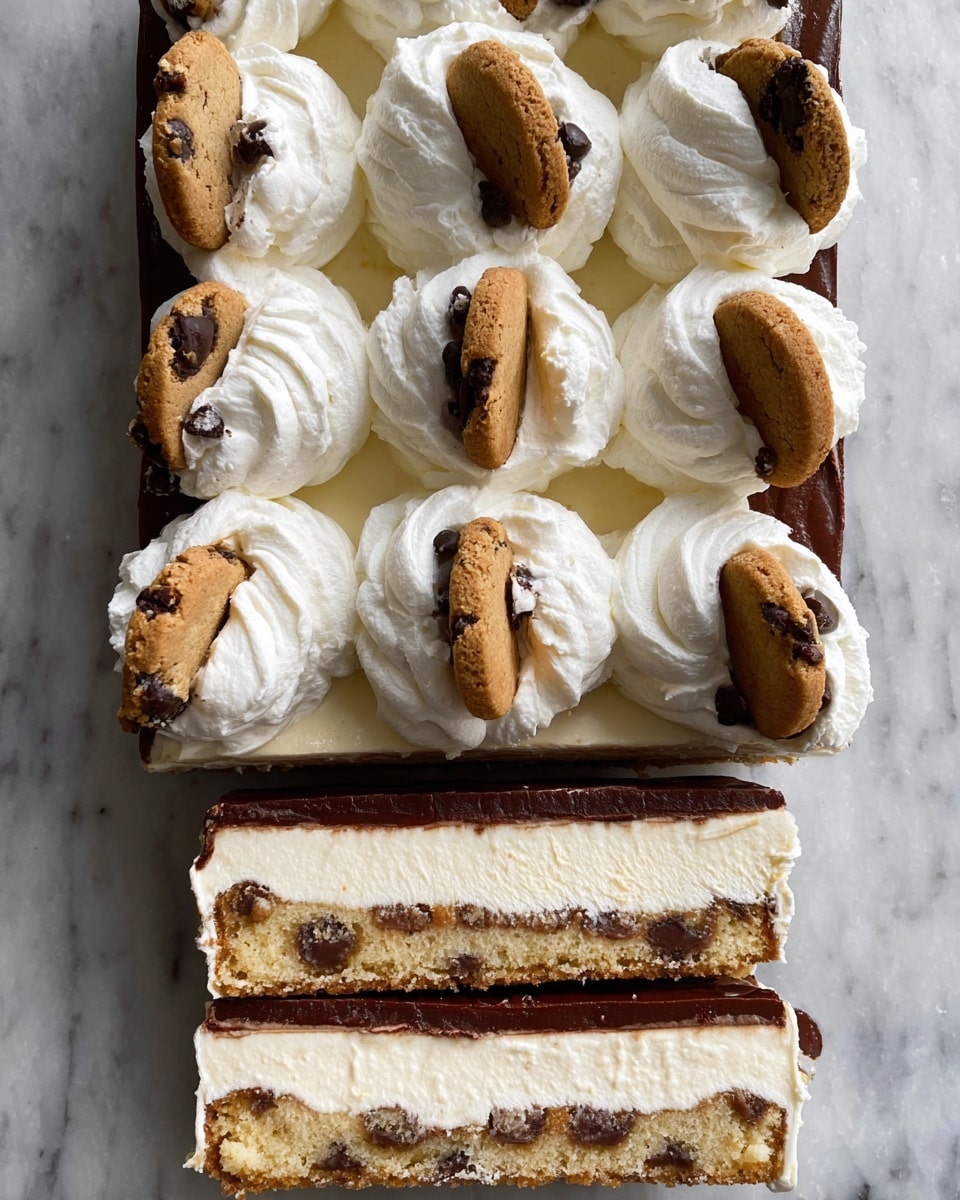 The dessert shows a thick rectangular slice cut from a bigger piece topped with rows of dollops of white cream. Each row has two dollops with a chocolate chip cookie half placed on top between dollops. The larger piece under the cream layer has four visible horizontal layers: the bottom is a smooth dark chocolate layer, above it is a thick creamy white cheesecake layer, then a light brown cookie dough layer with chocolate chips, and on the very top are the dollops and cookies. One slice is separated below showing all the layers clearly, set on a white marbled surface. Photo taken with an iphone --ar 4:5 --v 7