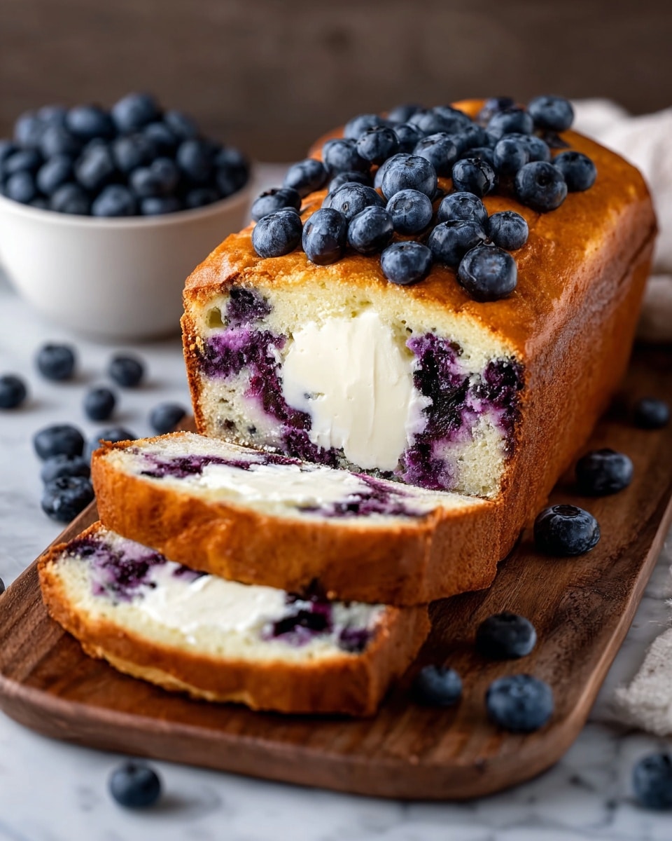 A loaf cake with a golden-brown crust has three visible slices cut from the front, showing a light, creamy inside with dark purple blueberry spots throughout. There is a thick layer of white cream cheese filling in the center of the loaf. The top of the cake is decorated with fresh, plump blueberries. The cake sits on a wooden board with scattered fresh blueberries around it on a white marbled surface. In the background, there is a white bowl filled with more blueberries, slightly out of focus. photo taken with an iphone --ar 4:5 --v 7