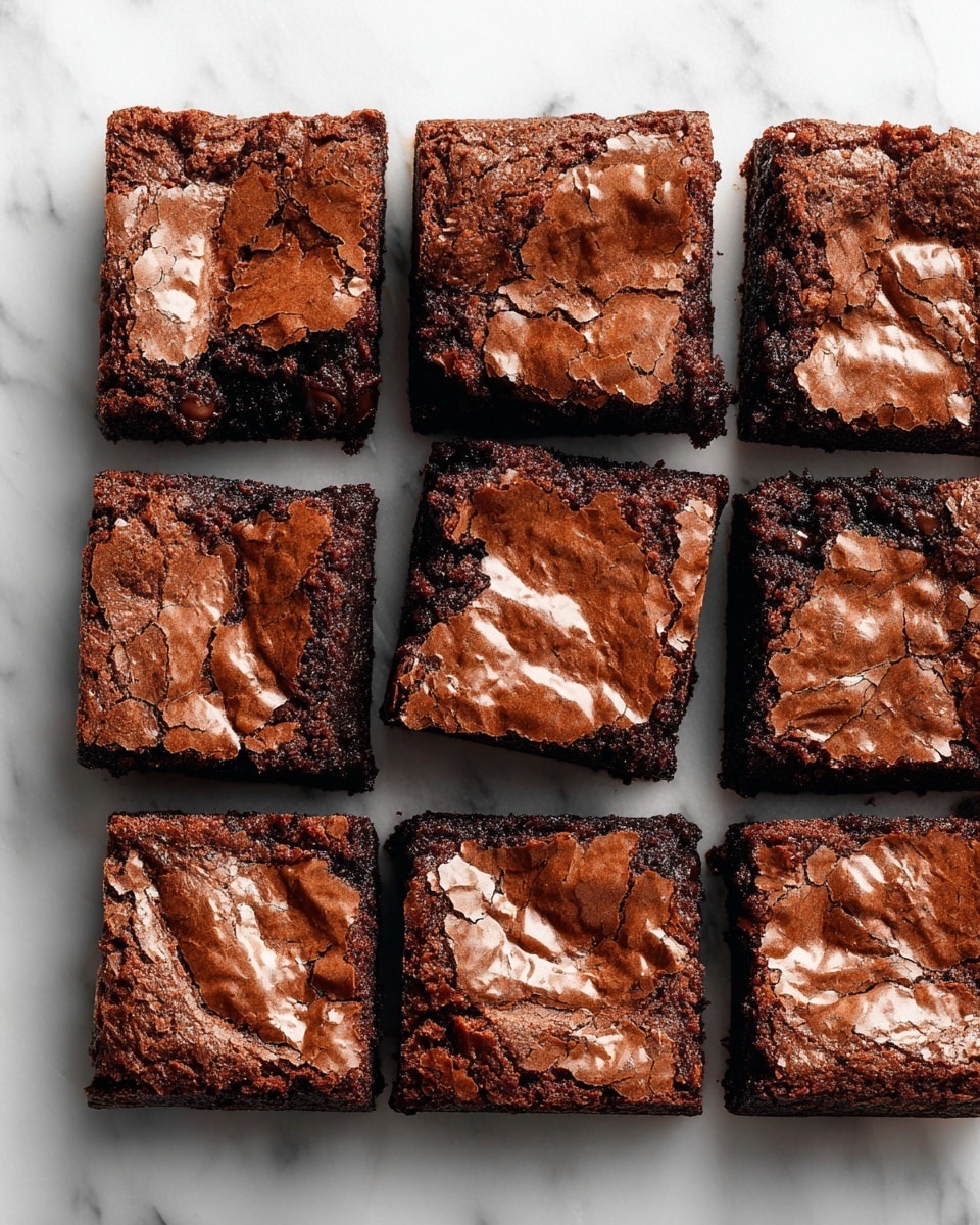 A square chocolate brownie cut into 12 equal pieces arranged tightly in a 3x4 grid on a white marbled surface. Each piece shows a dark brown, dense, and fudgy interior with a shiny, crackled lighter brown top layer that is slightly crispy. The edges are darker and firmer, giving a textured contrast to the moist inside. The overall look is rich and glossy with an inviting crumbly surface. Photo taken with an iphone --ar 4:5 --v 7