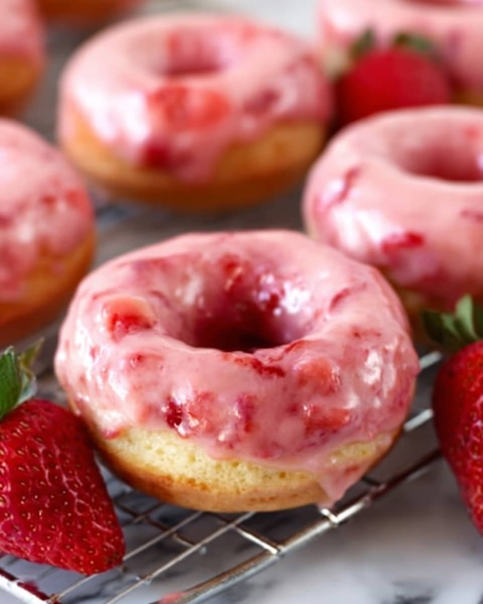 The image shows several strawberry glazed donuts placed on a metal cooling rack over a white marbled surface. Each donut has two layers: the bottom layer is a light golden-brown donut with visible soft texture, and the top layer is a shiny, pink strawberry glaze with small pieces of strawberries mixed in, giving a slightly bumpy surface. Fresh strawberries are placed in the front, adding vibrant red color with green leaves. The focus is close-up, showing the glaze's glossy texture and the donut’s soft crumb. Photo taken with an iphone --ar 4:5 --v 7