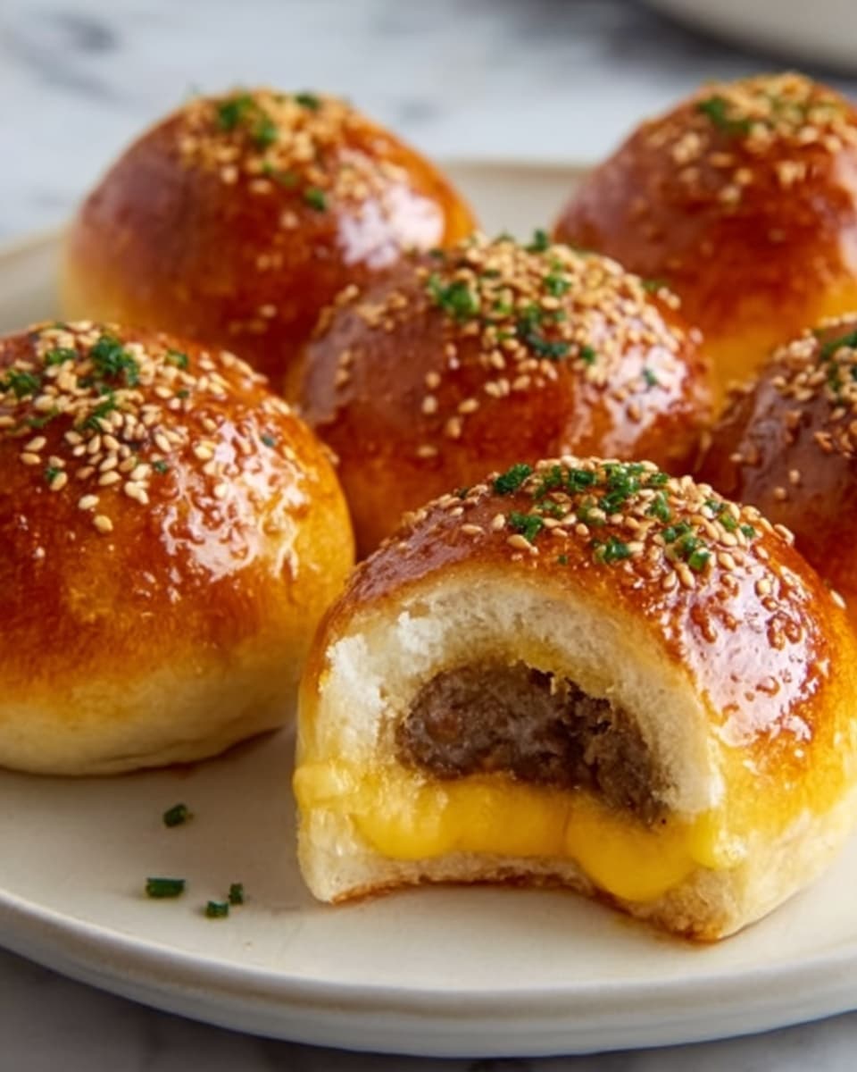 A white plate with several small round golden-brown buns topped with white sesame seeds and small green herb pieces. One bun in the front is cut open, showing a juicy cooked brown meat filling on the inside and melted yellow cheese oozing out from the bottom. The buns have a shiny, smooth, and slightly glazed surface. The plate is placed on a white marbled texture. Photo taken with an iphone --ar 4:5 --v 7