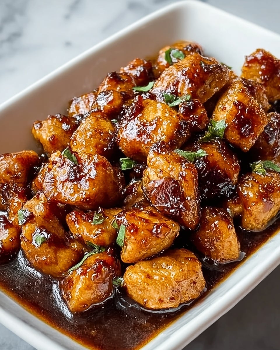 A close-up view of bite-sized golden brown chicken pieces coated in a shiny, thick dark brown sauce, arranged closely together inside a white rectangular dish. Small bright green herb leaves are scattered on top, adding a fresh touch. The sauce pools slightly at the bottom, showing a smooth and glossy texture. The dish sits on a white marbled surface. photo taken with an iphone --ar 4:5 --v 7