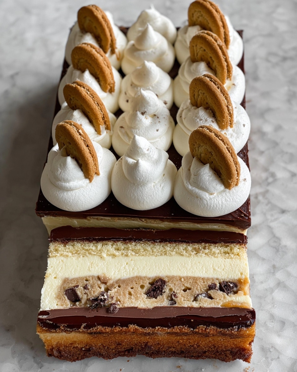 The dessert is a rectangular cake with five layers visible in the cut slice, placed on a white marbled surface. The bottom layer is dark, smooth, and glossy chocolate. Above it is a fluffy, light cream layer in pale yellowish-white. The middle layer is a soft brown cookie dough with small dark chocolate chips. On top of the cookie dough is a thick, smooth chocolate ganache layer in dark brown. The cake's top is decorated with large, round white cream dollops arranged in rows, and between them are golden-brown chocolate chip cookie halves, slightly pressed into the cream. The whole dessert is neatly cut showing all layers clearly. Photo taken with an iphone --ar 4:5 --v 7