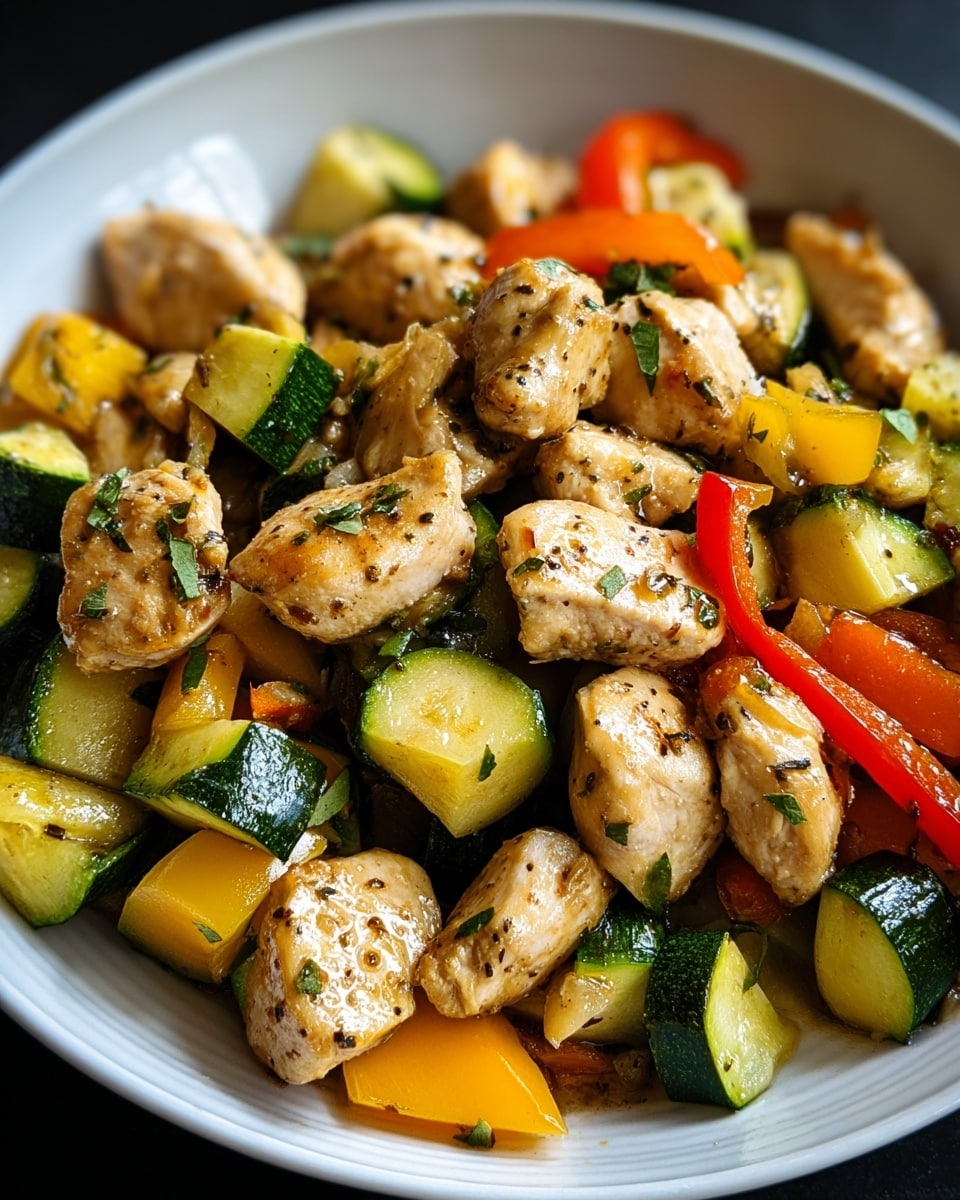 A close-up of a white plate filled with a colorful stir-fry showing two main layers: the first layer has chunks of cooked chicken pieces with a light brown, glazed texture, and the second layer contains vibrant green zucchini slices, yellow squash pieces, and red bell pepper strips mixed evenly among the chicken. The dish is garnished with small bits of herbs and black pepper, all displayed on a white marbled surface. photo taken with an iphone --ar 4:5 --v 7