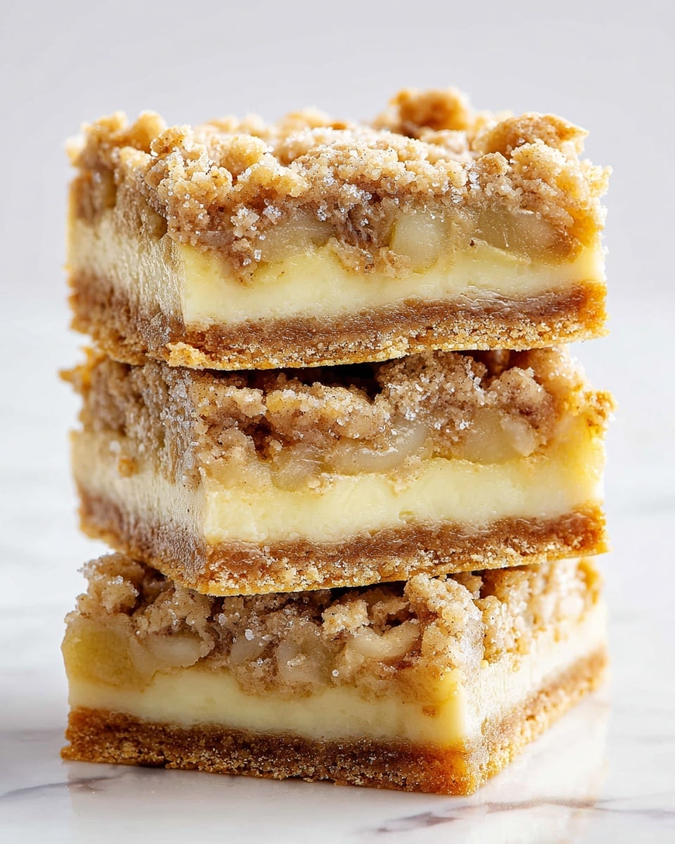 Three stacked dessert bars are shown against a white marbled texture with a bright background. Each bar has three visible layers: a light golden crumbly base at the bottom, a creamy pale yellow filling in the middle, and a crumbly, slightly rough textured top layer that is light brown with small pieces of fruit embedded. The edges of the bars show the distinct layering clearly, and the top crumb layer appears slightly crisp with a sprinkle of sugar crystals. Photo taken with an iphone --ar 4:5 --v 7