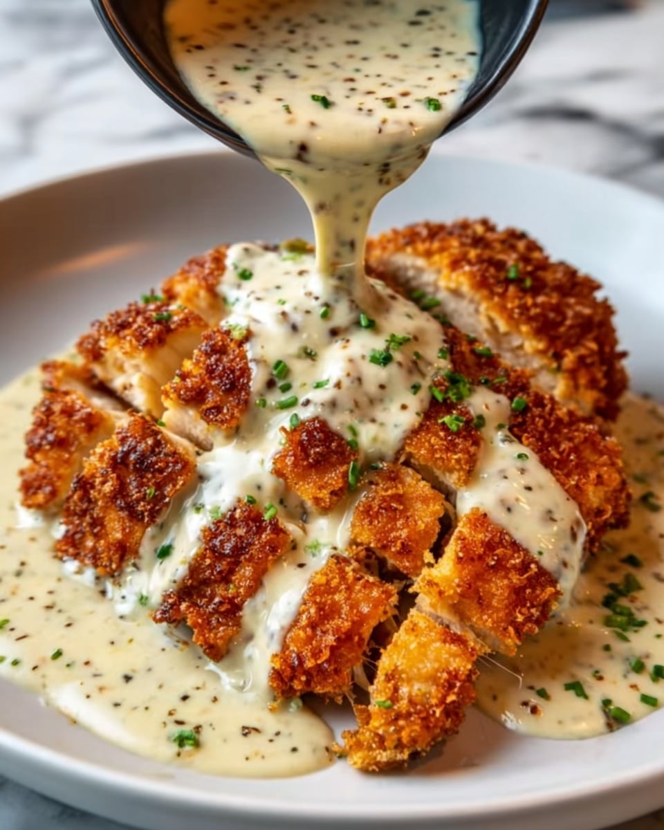A white plate holds a piece of golden-brown, crispy fried chicken breast that is sliced into thick strips and fanned out. Creamy white sauce with visible pepper specks is being poured over the chicken from a small black bowl, covering the top and flowing down the sides. Small green herb sprinkles decorate the sauce, adding a touch of color. The background surface shows a white marbled texture. Photo taken with an iphone --ar 4:5 --v 7