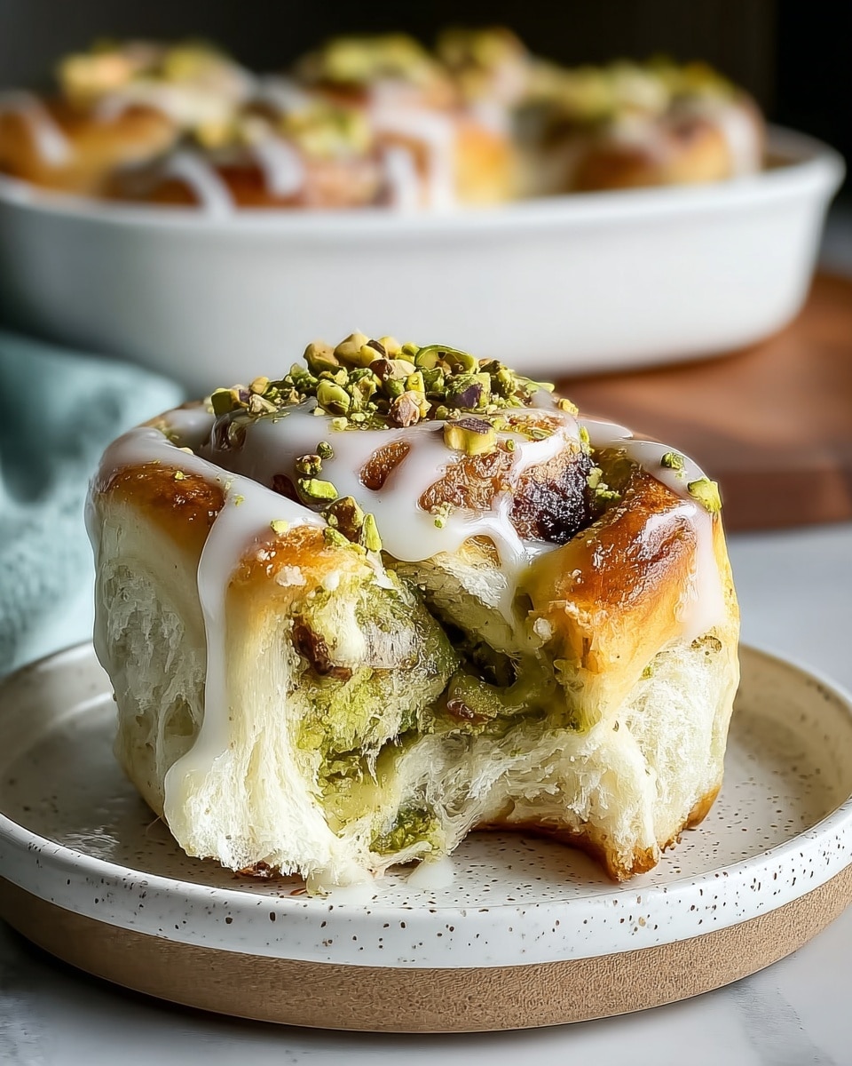 A close-up of a bitten soft pastry roll sits on a white plate with light speckles, showing layers of fluffy white dough with a green pistachio filling spread unevenly inside. The top of the roll is golden brown and shiny, drizzled with white icing and sprinkled with chopped green pistachios. In the blurred background, multiple similar pastries are visible inside a white dish, all sitting on a white marbled surface. photo taken with an iphone --ar 4:5 --v 7