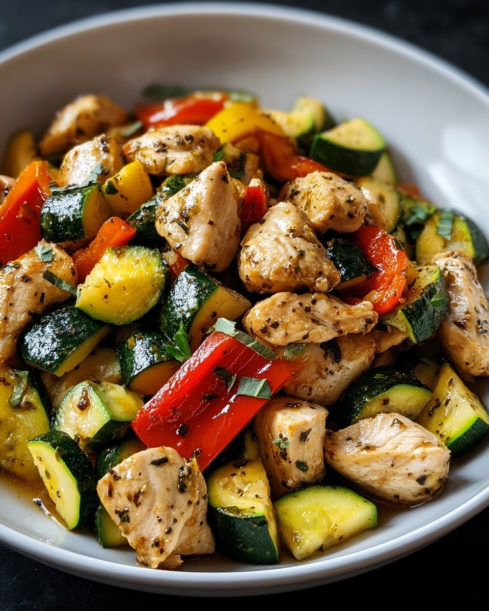 A close-up view of a dish featuring cooked chicken pieces and mixed vegetables served in a deep white bowl. The dish has three main layers: the base layer consists of bright green and yellow zucchini chunks with a slightly glossy texture, scattered evenly throughout. The middle layer has tender, light golden-brown chicken chunks seasoned with herbs and pepper, giving a juicy and slightly shiny appearance. The top layer includes slices of red bell pepper adding a pop of red color and a slightly softened texture, all mixed richly to blend each ingredient. The bowl is set on a white marbled surface. photo taken with an iphone --ar 4:5 --v 7
