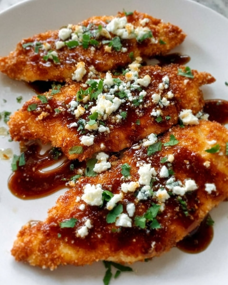 The image shows three golden brown, crispy fried chicken strips arranged on a white plate, topped with small crumbles of white cheese and chopped fresh green herbs. A dark, glossy sauce is drizzled over the chicken, pooling slightly around the edges. The textures on the chicken are crunchy and crispy, with the cheese adding a soft contrast and the herbs a fresh touch. The plate rests on a white marbled surface. photo taken with an iphone --ar 4:5 --v 7