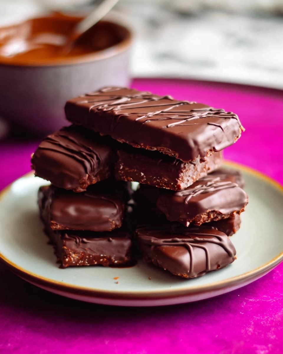 A stack of six rectangular chocolate-covered bars is placed in the center of a white plate, arranged in a slightly uneven pile with three bars on the bottom, two in the middle, and one on top. The chocolate coating is smooth and glossy, with a textured edge on the sides of the bars, and the top bar has a thin drizzle of chocolate lines across its surface. In the background, there is a white bowl filled with more melted chocolate, slightly out of focus, sitting on a white marbled surface. photo taken with an iphone --ar 4:5 --v 7