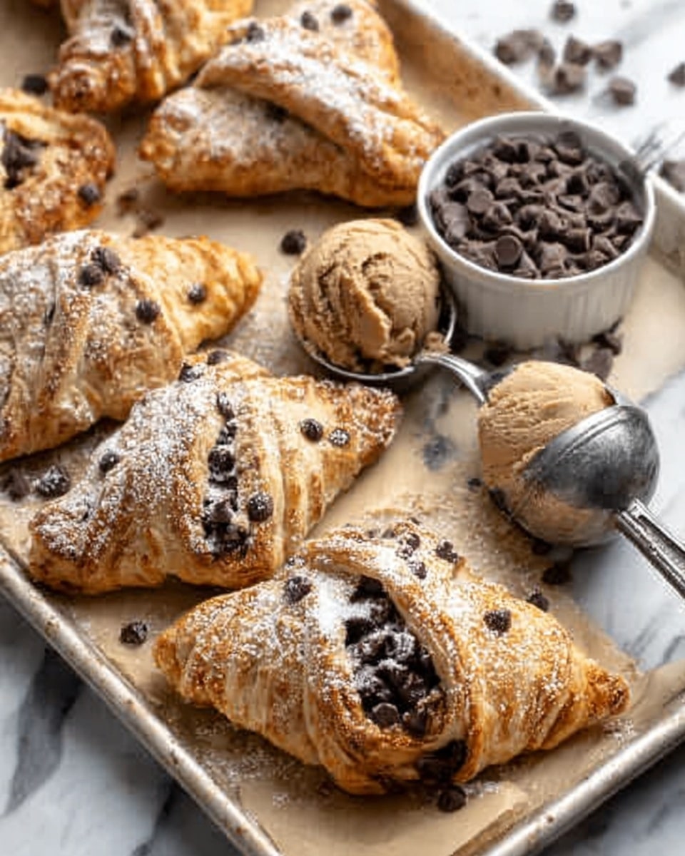 The image shows three triangle-shaped pastries with a golden-brown crust on a white marbled surface. Each pastry has a crisscross pattern on top and is sprinkled with powdered sugar. The pastries are dotted with small dark chocolate chips scattered across the surface. On the right side, there is a small white bowl filled with extra chocolate chips, and on the left, an ice cream scoop holds some more chocolate chips. The texture of the crust looks flaky and slightly crispy. Photo taken with an iphone --ar 4:5 --v 7