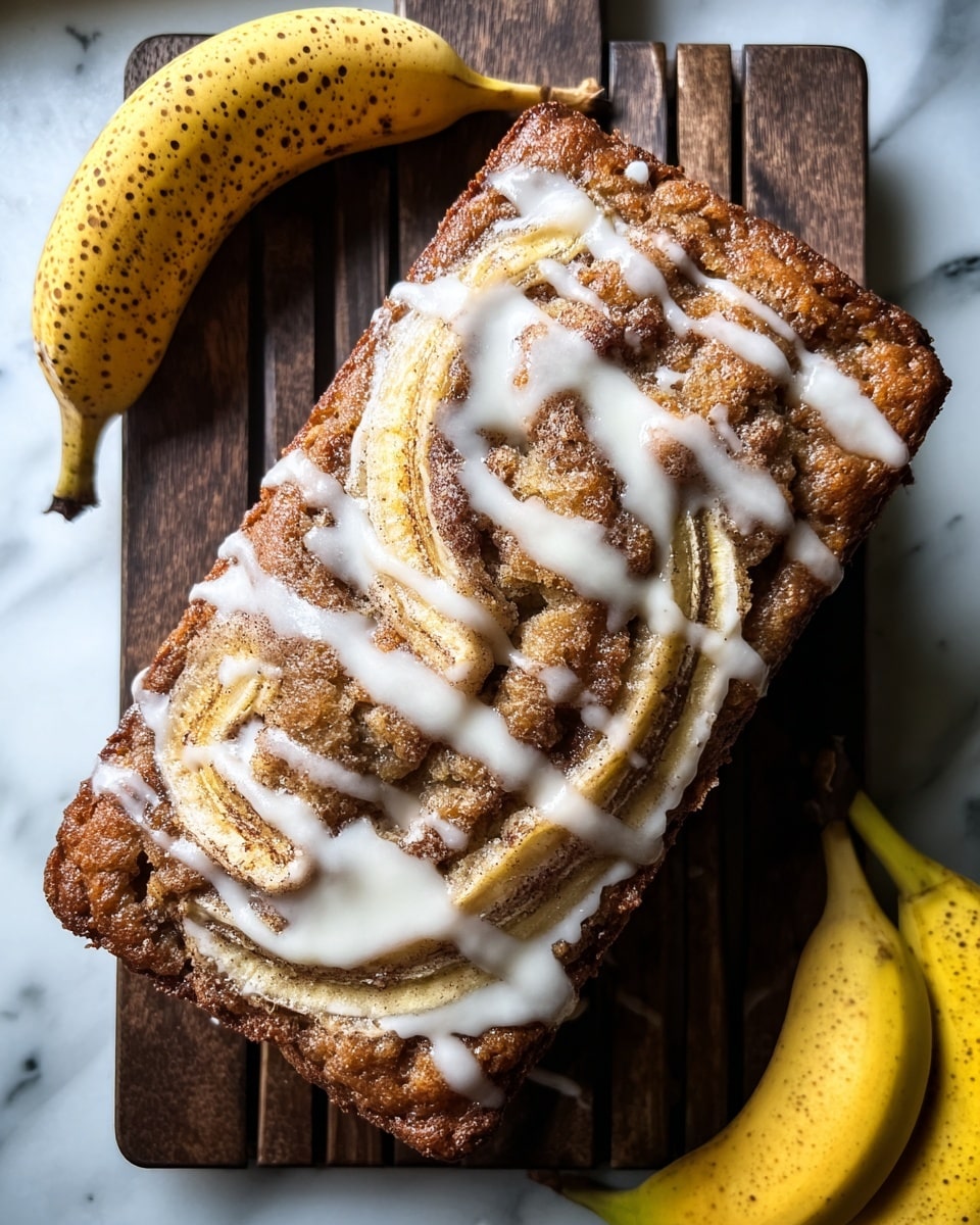 A rectangular banana bread loaf sits on a dark wooden cooling rack, placed on a white marbled surface. The top of the bread has three visible layers, starting with a rough, golden-brown baked crust base. In the middle and top layers, there are swirls of light brown cinnamon running across and melting into the bread texture. White icing is drizzled generously over the top in uneven streaks, partially covering banana slices embedded in the bread. Three ripe bananas with speckled skins are placed around the loaf, two on the right side and one on the left. Photo taken with an iphone --ar 4:5 --v 7