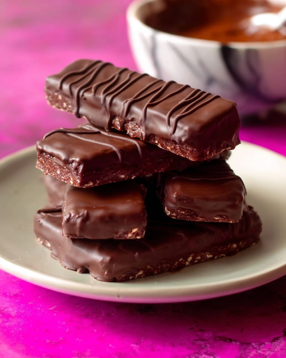 A stack of seven chocolate-covered rectangular bars sits on a white plate with a vibrant pink surface. The bars are unevenly stacked, with the top bar showing smooth chocolate coating and thin chocolate drizzle lines on top. The sides of the bars have a rough texture, indicating a crunchy or layered interior under the chocolate coating. In the blurred background, a bowl filled with melted chocolate is visible, resting on a white marbled texture. photo taken with an iphone --ar 4:5 --v 7