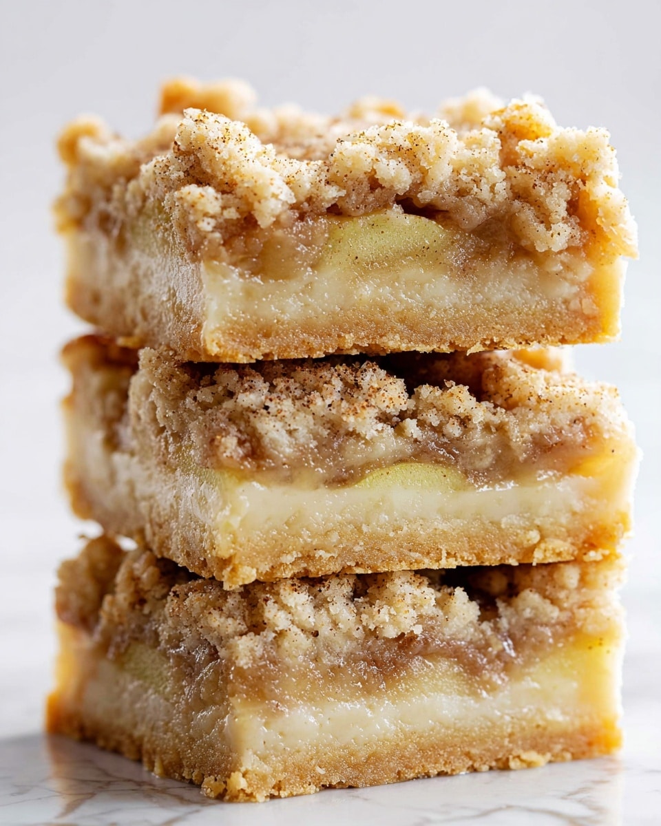 A close-up view of three stacked crumb apple bars showing three layers: the bottom layer is a light golden, firm crust with a slightly rough texture; the middle layer is creamy and smooth with pale off-white and light greenish-yellow bits of apple; the top layer is a thick crumbly topping with a mix of golden brown and light tan crumbs, some small chunks and fine granules, sprinkled with cinnamon and sugar, giving a textured, rustic look, all set against a white marbled texture. photo taken with an iphone --ar 4:5 --v 7